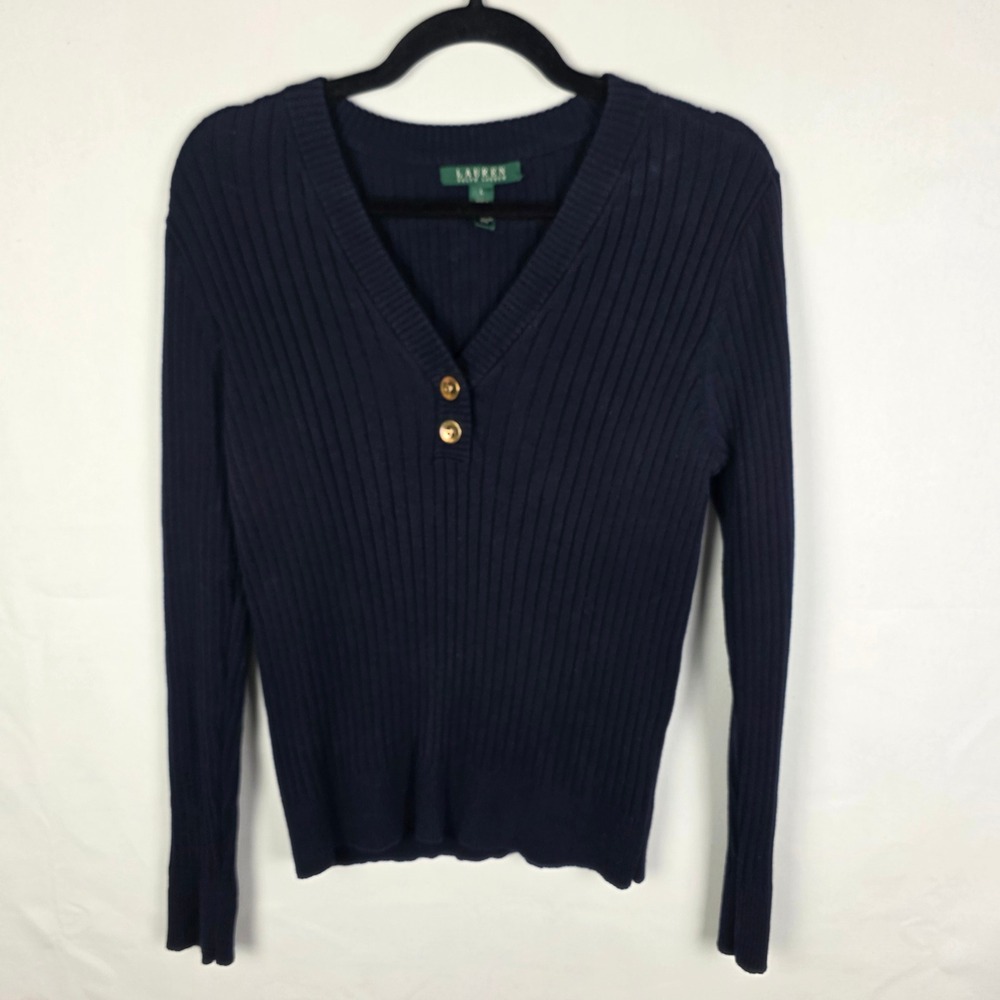 Lauren Ralph Lauren Navy Blue Ribbed Cotton Henley Sweater Gold Buttons Large